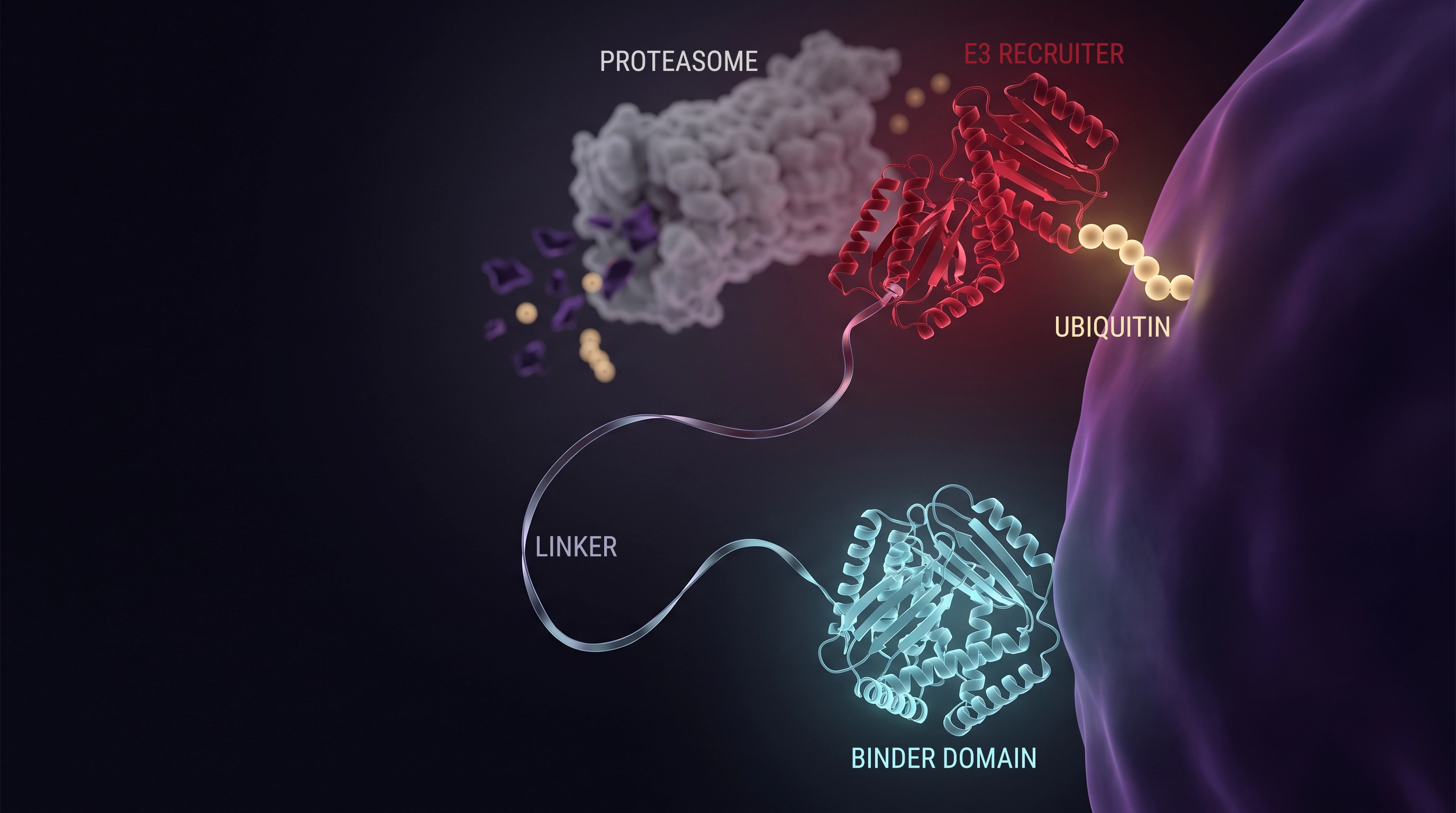 A bioPROTAC ternary complex: a purple target protein is engaged by a blue binder, which is connected through a flexible linker to a red E3-ligase recruiter, bringing the E3 ligase into proximity with the target to enable its ubiquitination.
